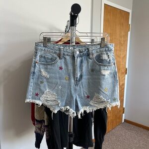 Distressed Star Embroidered Denim Shorts